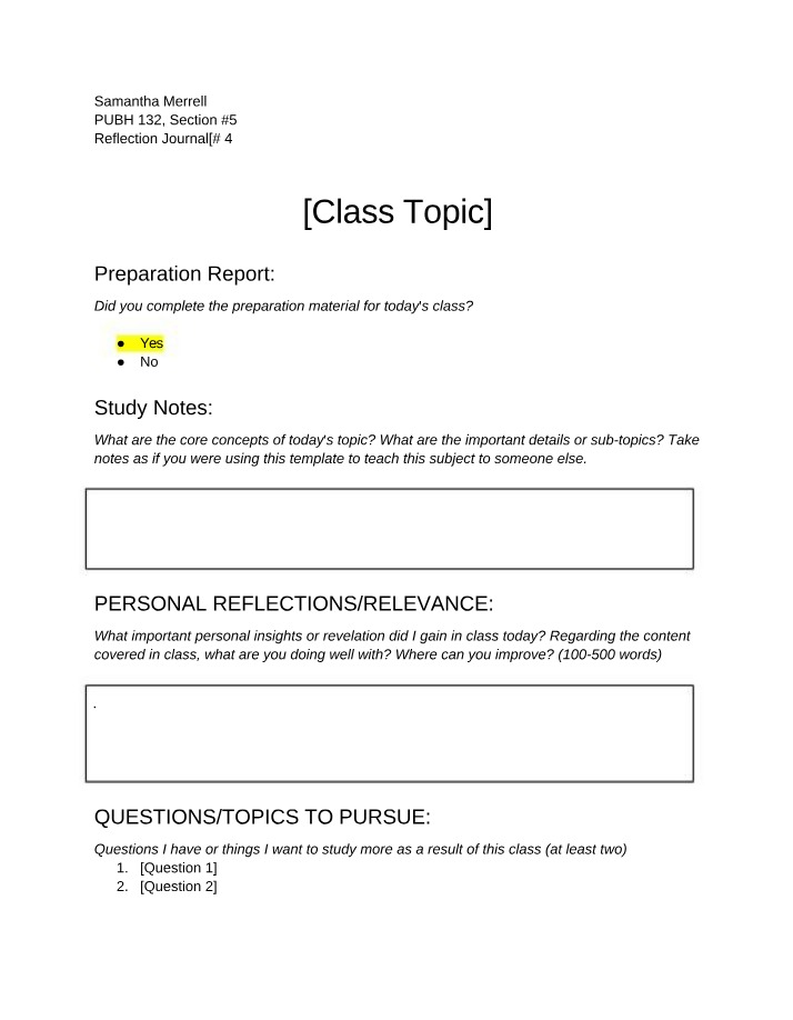 Template for Reflection Journal