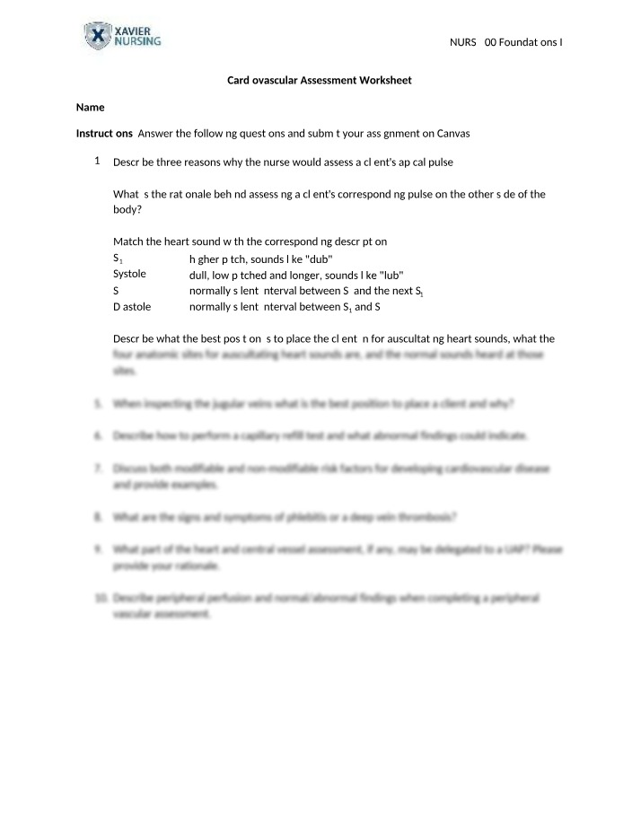 Worksheet for Cardiovascular Assessment