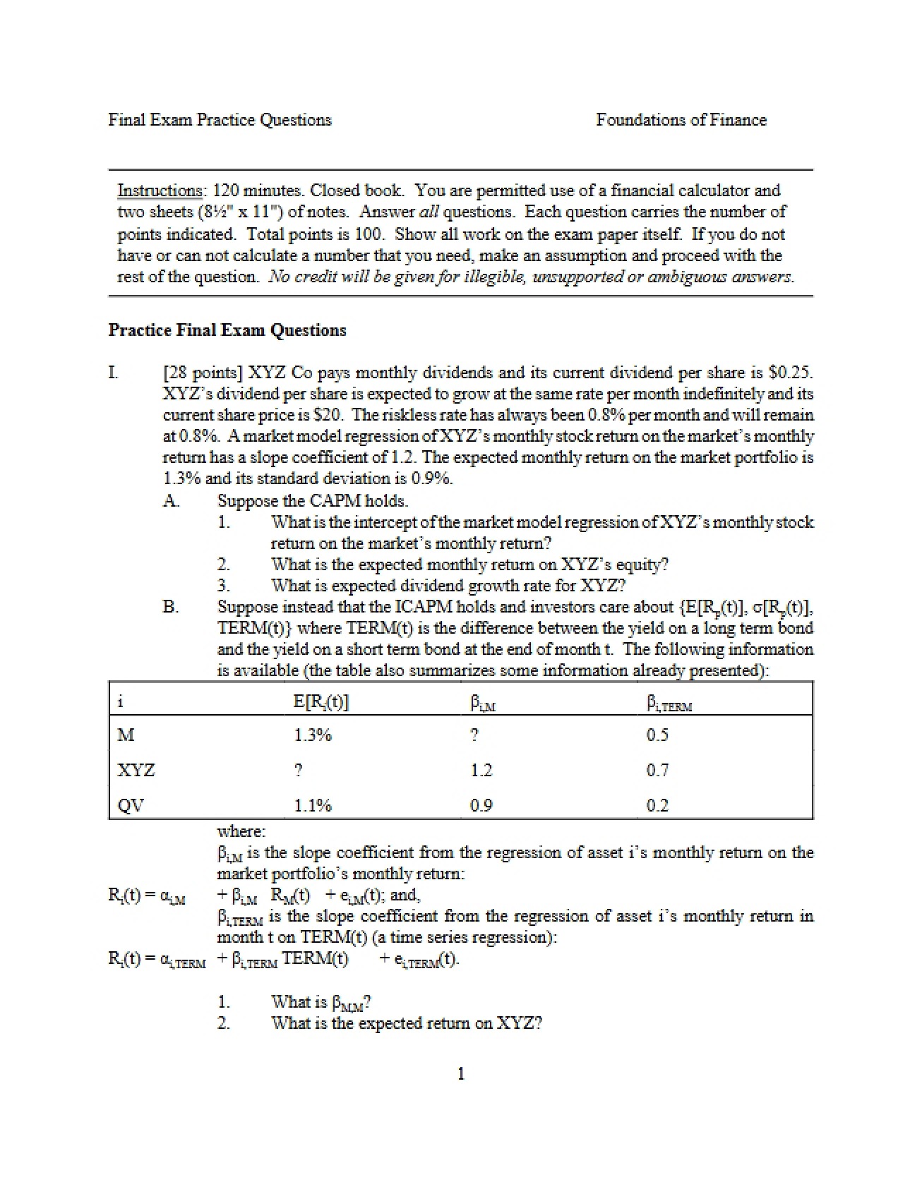 Practice Questions for Finance Final Exam