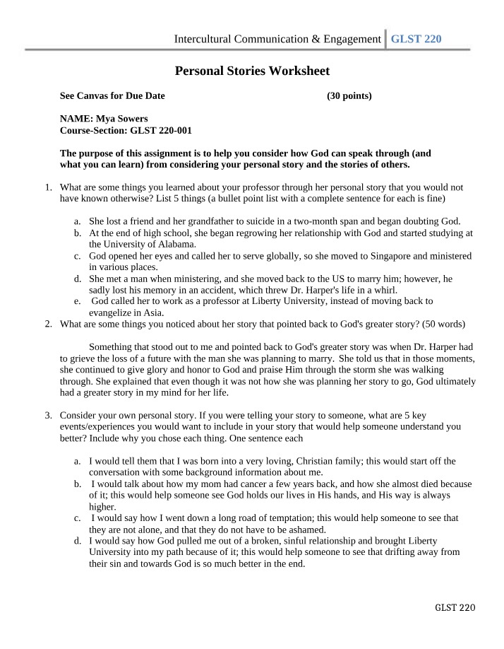 Worksheet for Personal Story