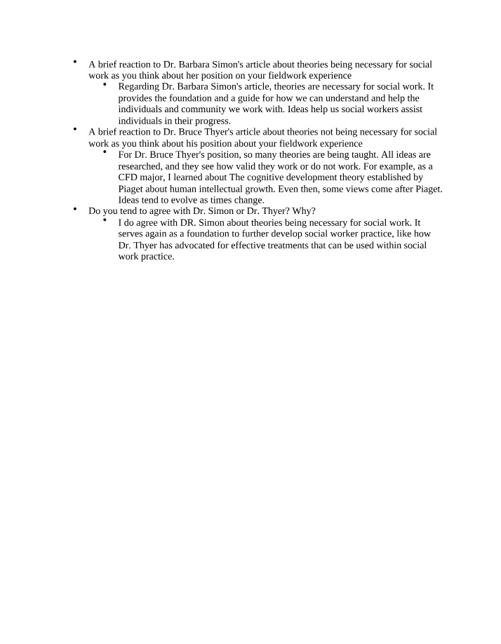 Importance of Theories in Social Work - Reaction to Dr. Barbara Simon and Dr. Bruce Thyer
