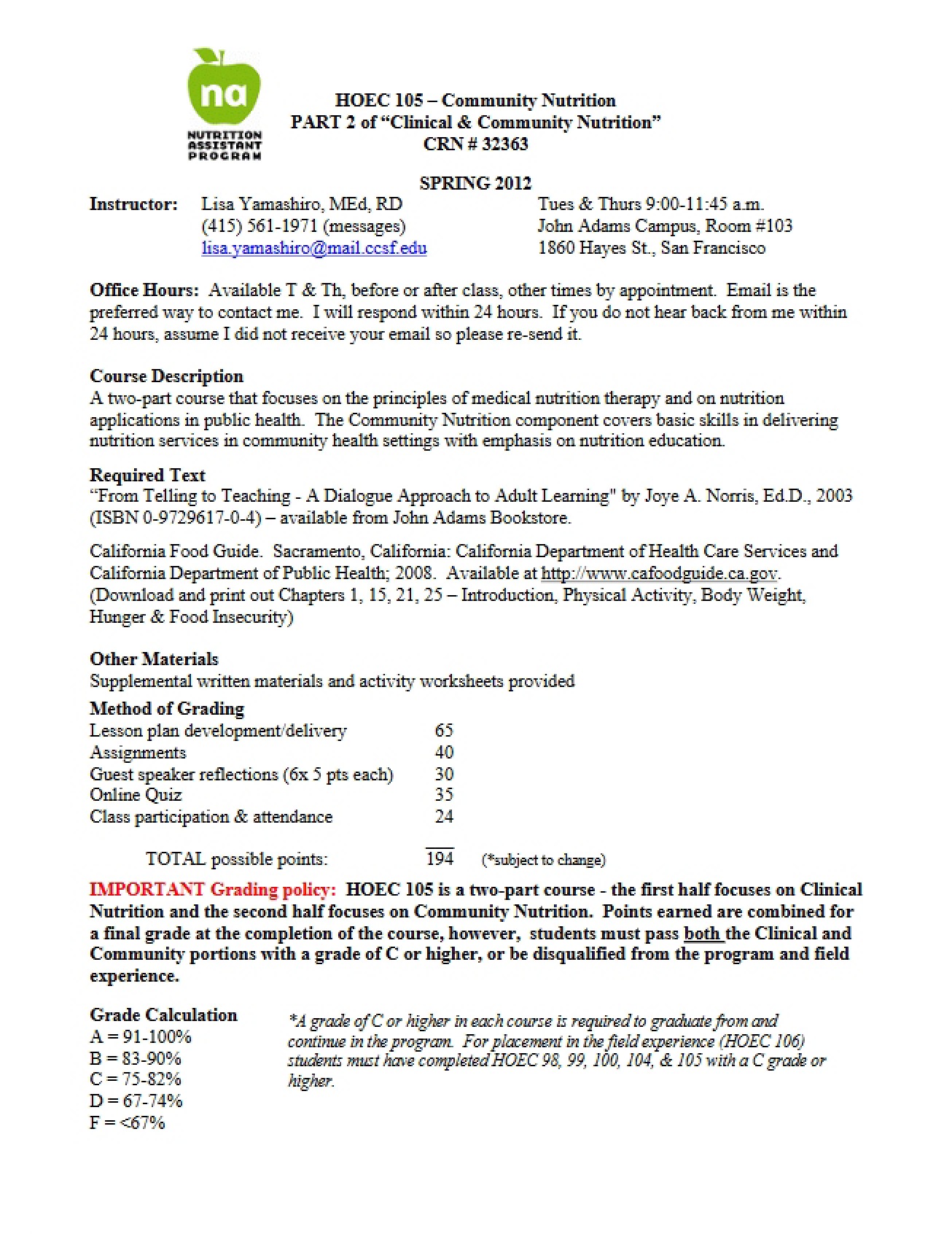 Clinical and Community Nutrition Syllabus