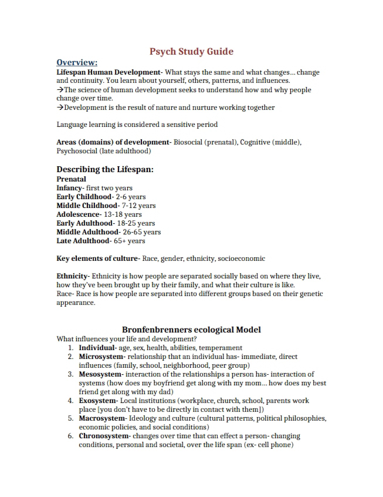 General Study Guide for Psychology