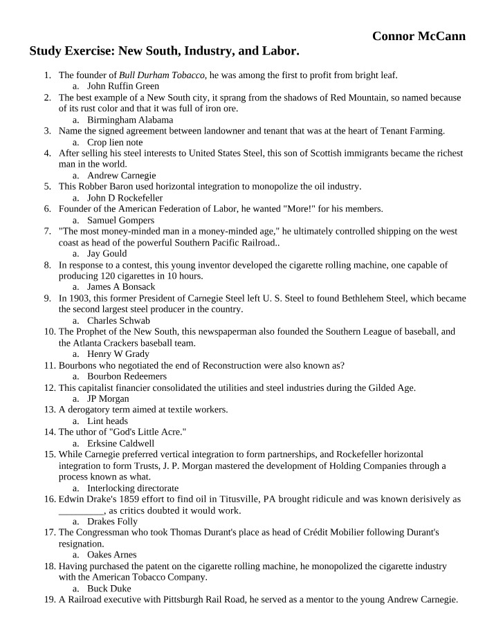 Study Exercise - New South Industry and Labor
