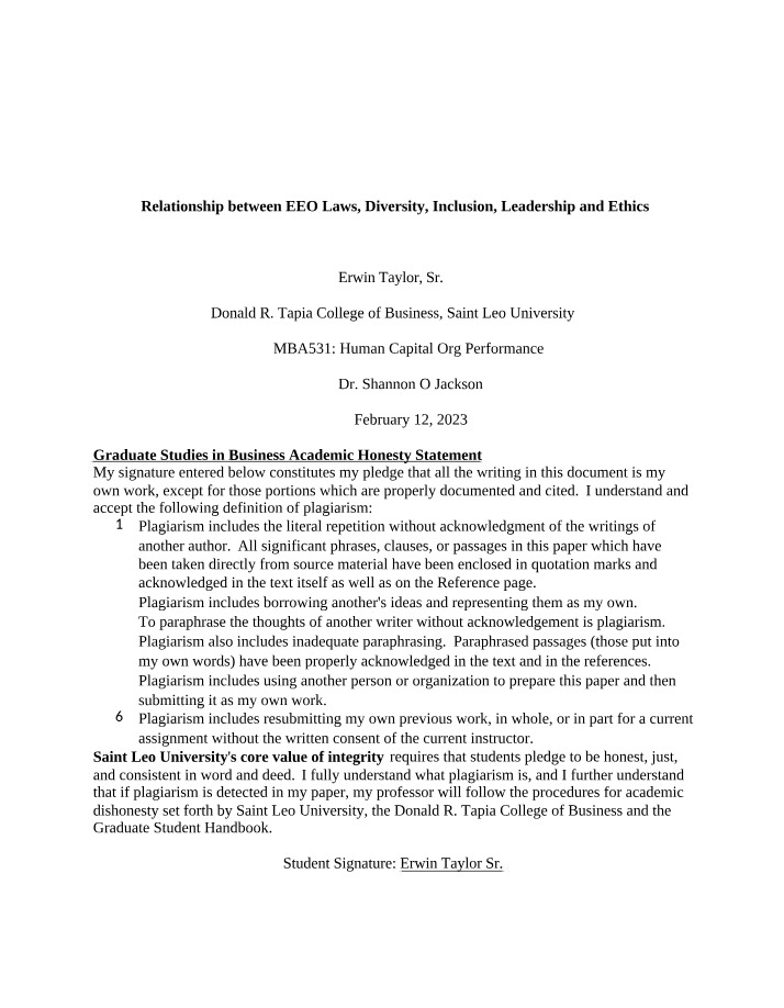 EEO Laws, Diversity, Inclusion, Leadership, and Ethics