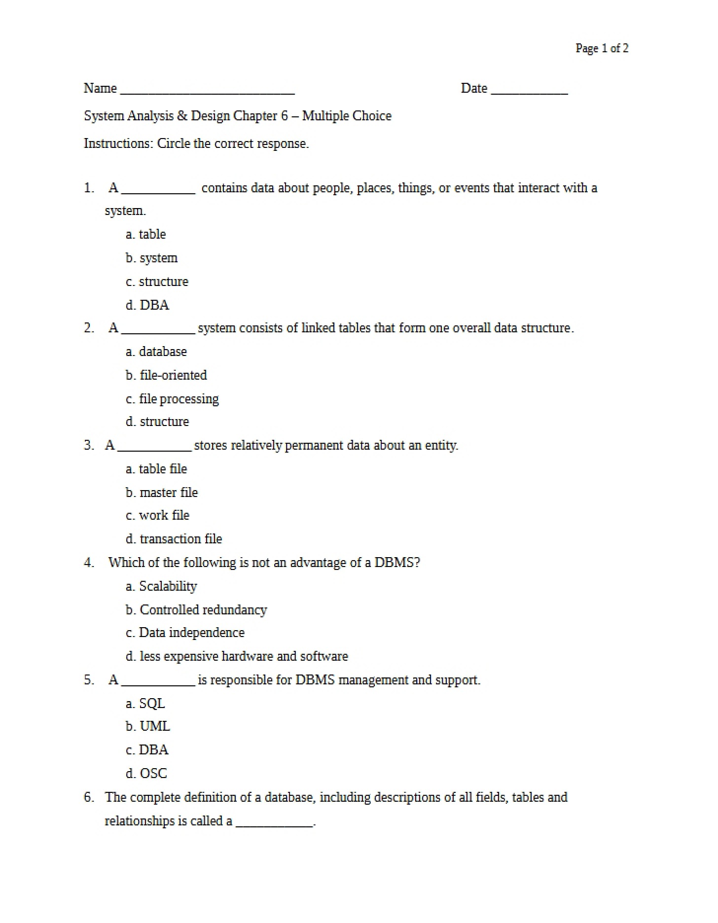 Multiple Choice Chapter 6 Systems Analysis