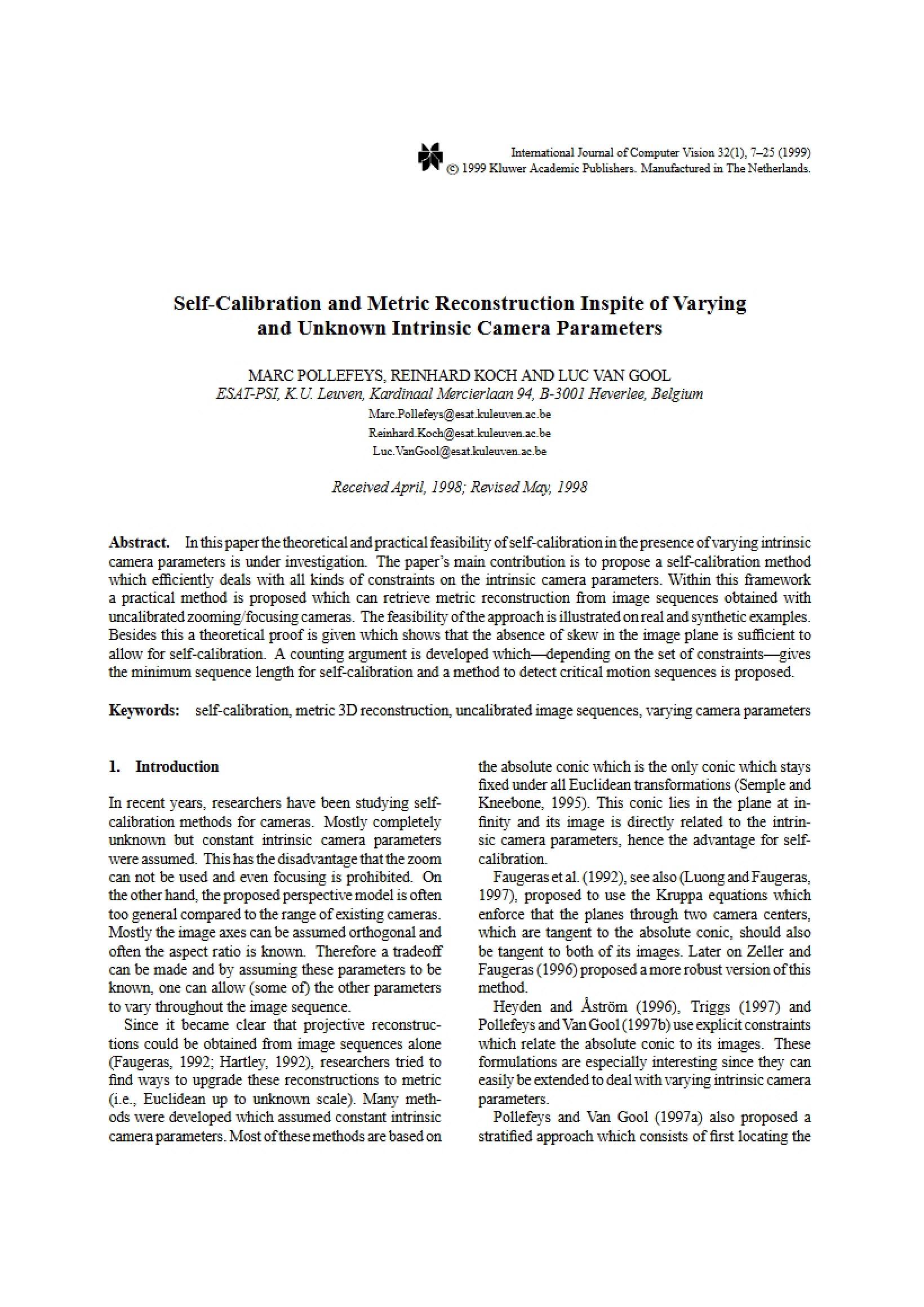Metric Reconstruction and Self-Calibration with Variations