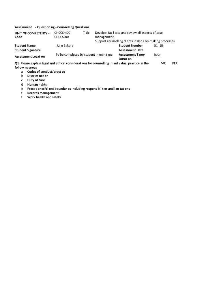 Counselling Assessment 2 Marking Template