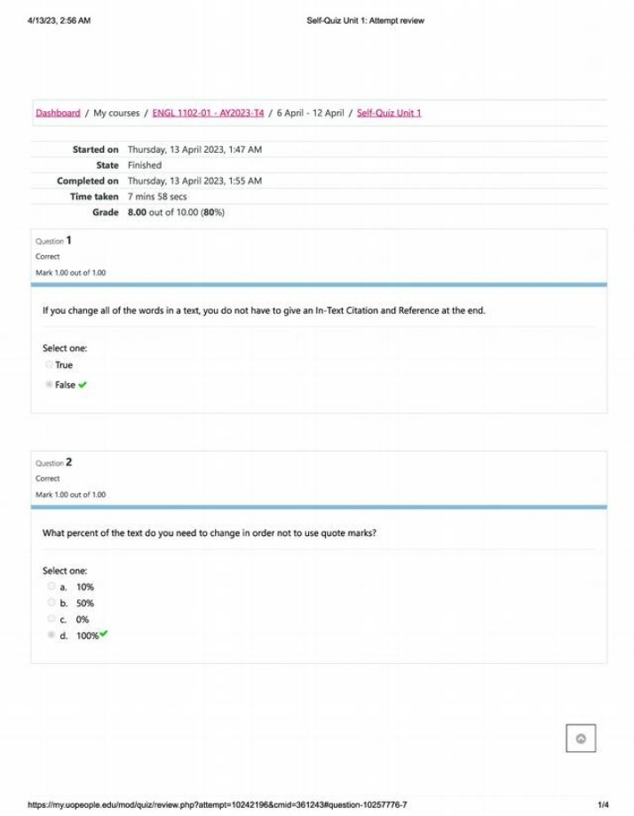 Unit 1 Self-Quiz Review - APA Style and In-Text Citations
