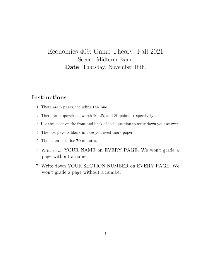 Game Theory Midterm 2 Solutions