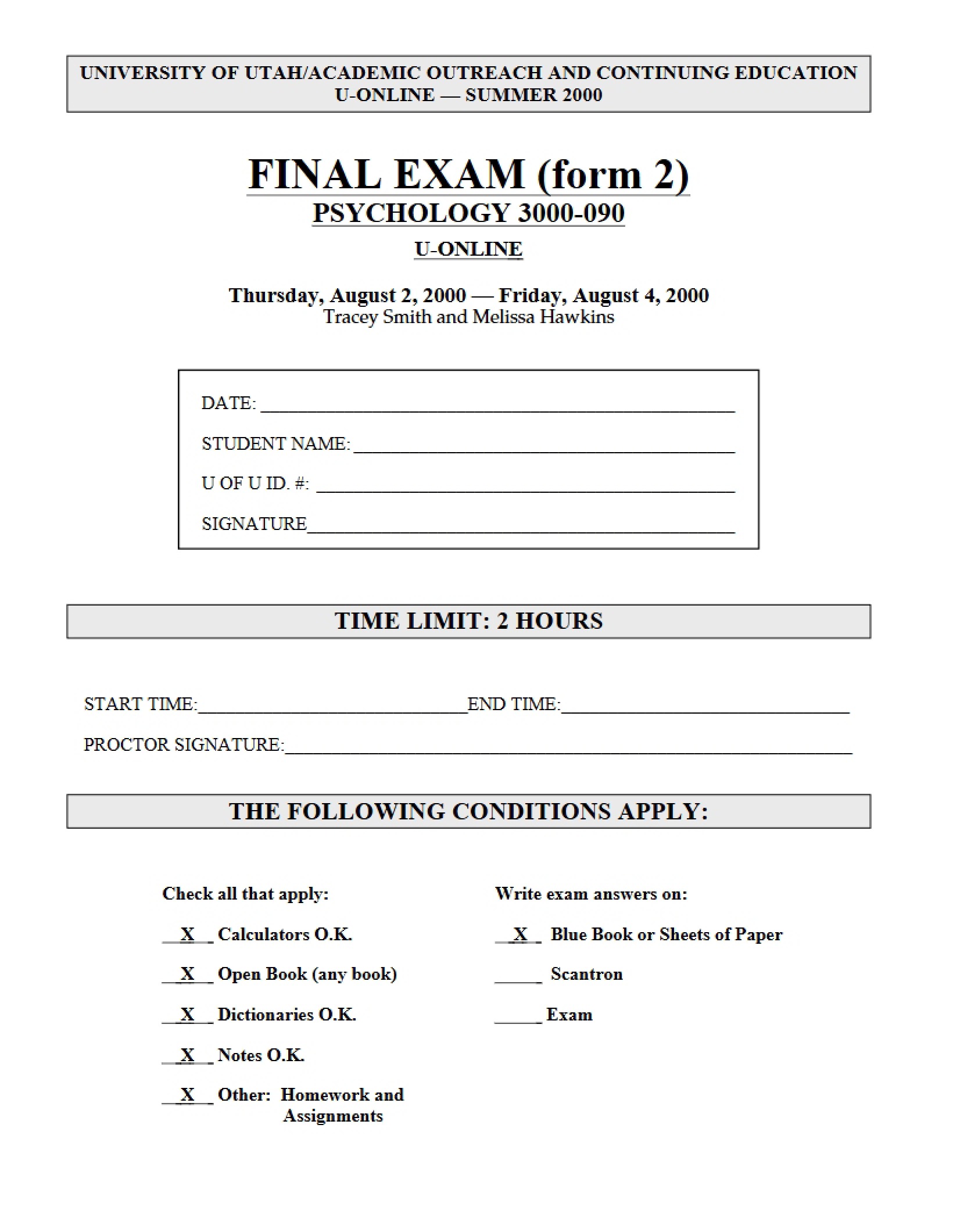 Exam for Finals (Stats)