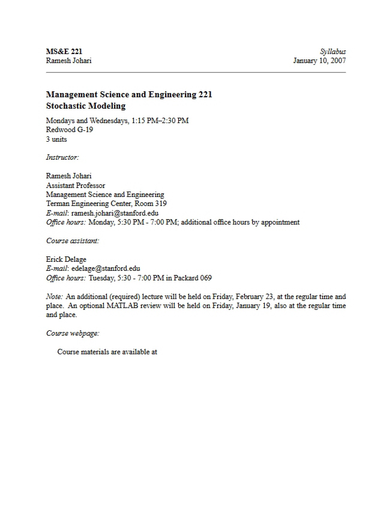 Stochastic Modeling Course Syllabus - Stochastic Modeling