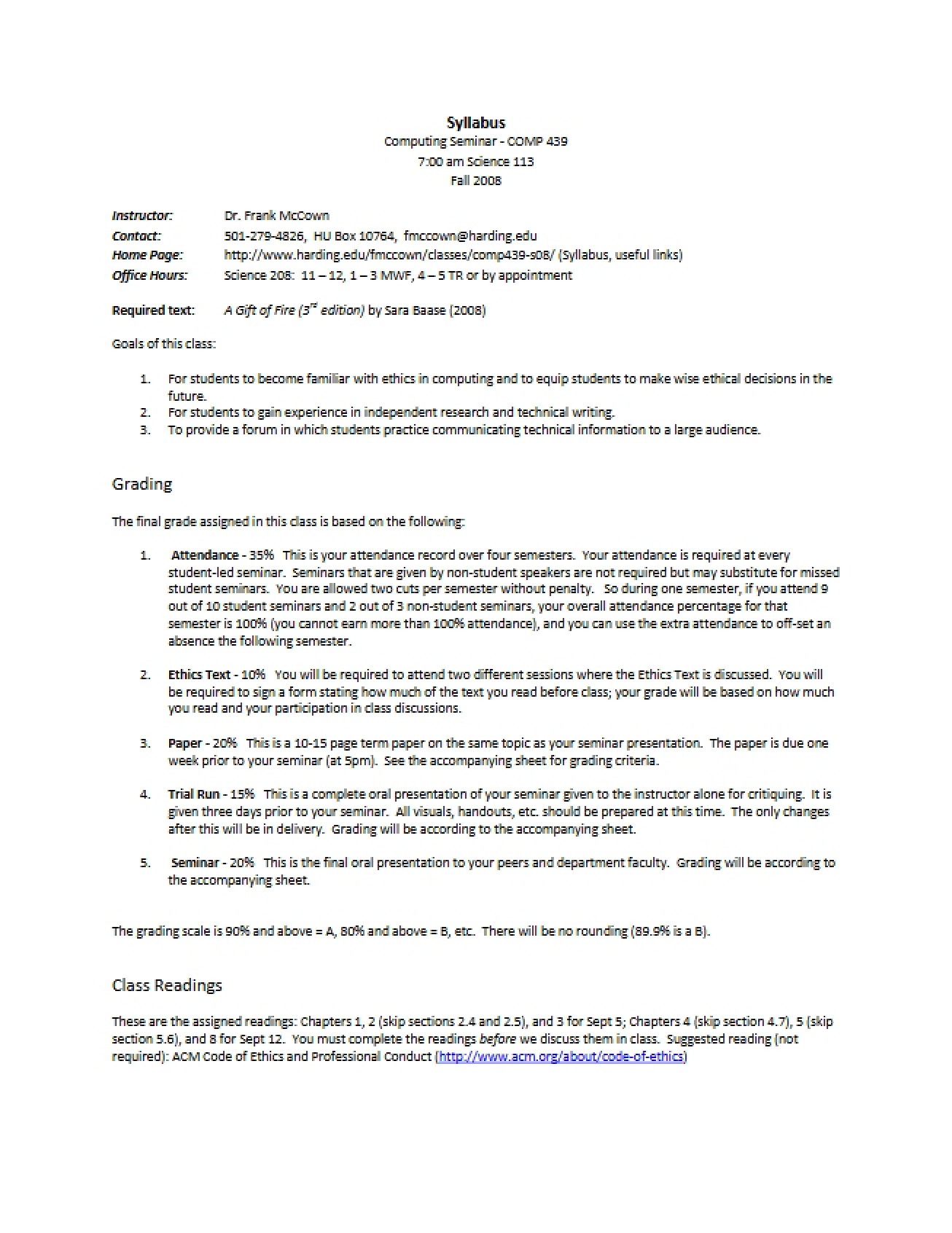 Syllabus for the Computing Seminar Class