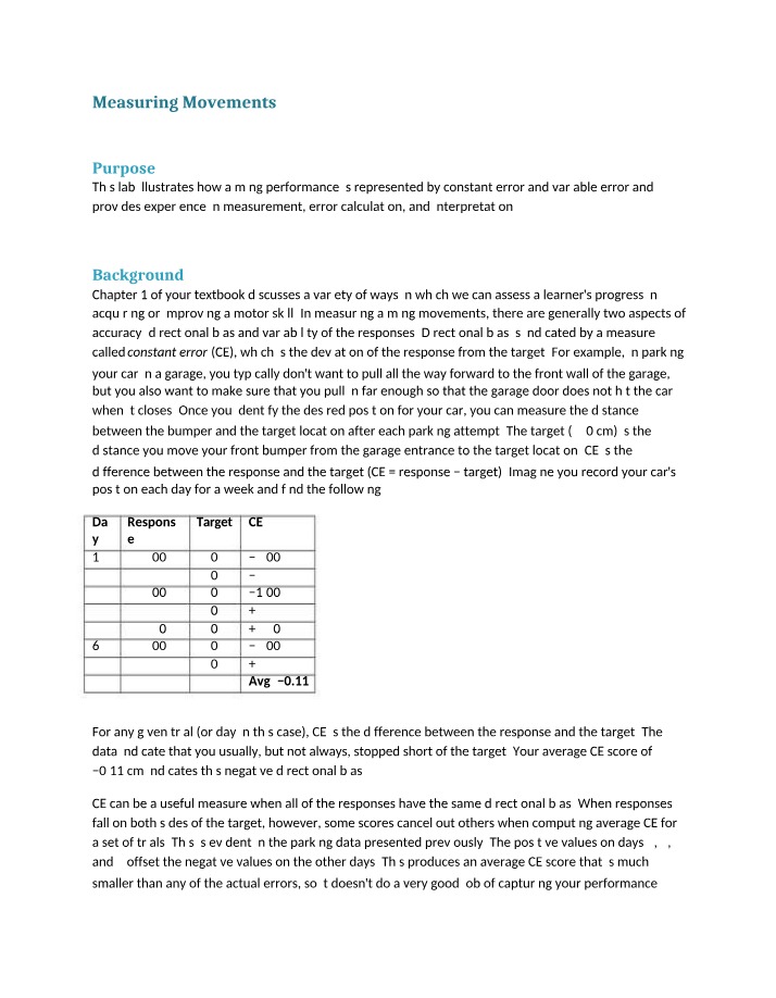 Measuring Movements - Performance and Error