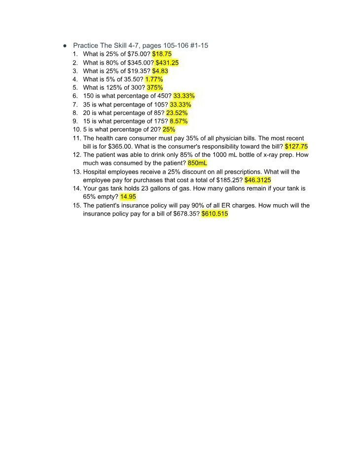 Percentage Calculations Practice Problems