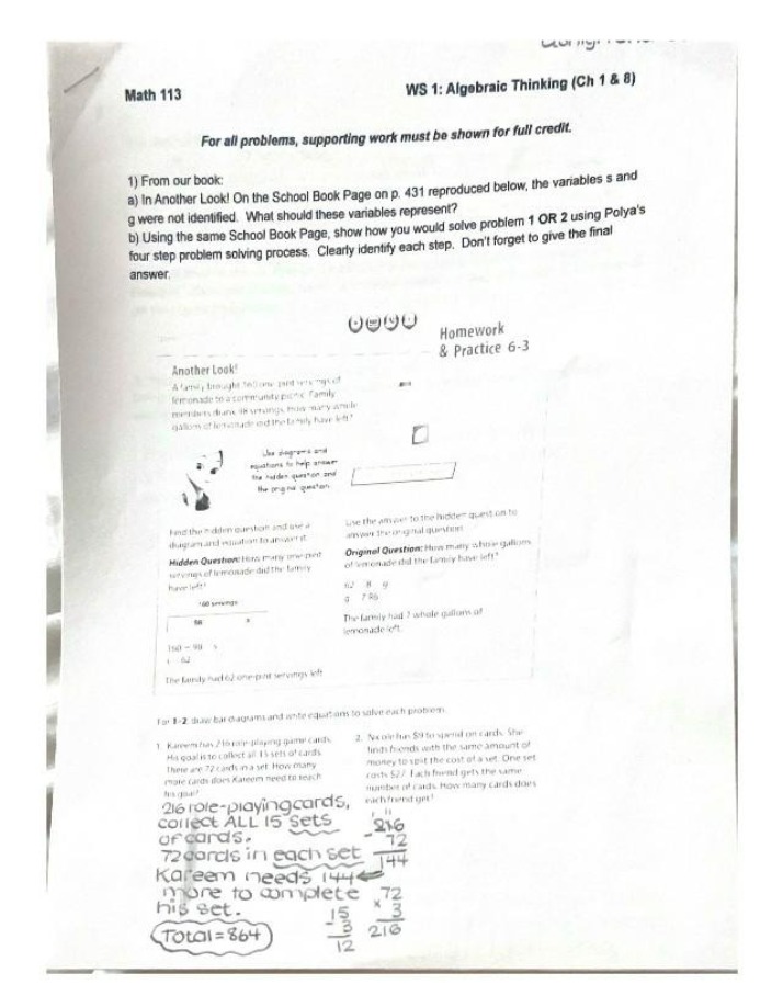 Algebraic Thinking Worksheet 1 (Ch 1 & 8)
