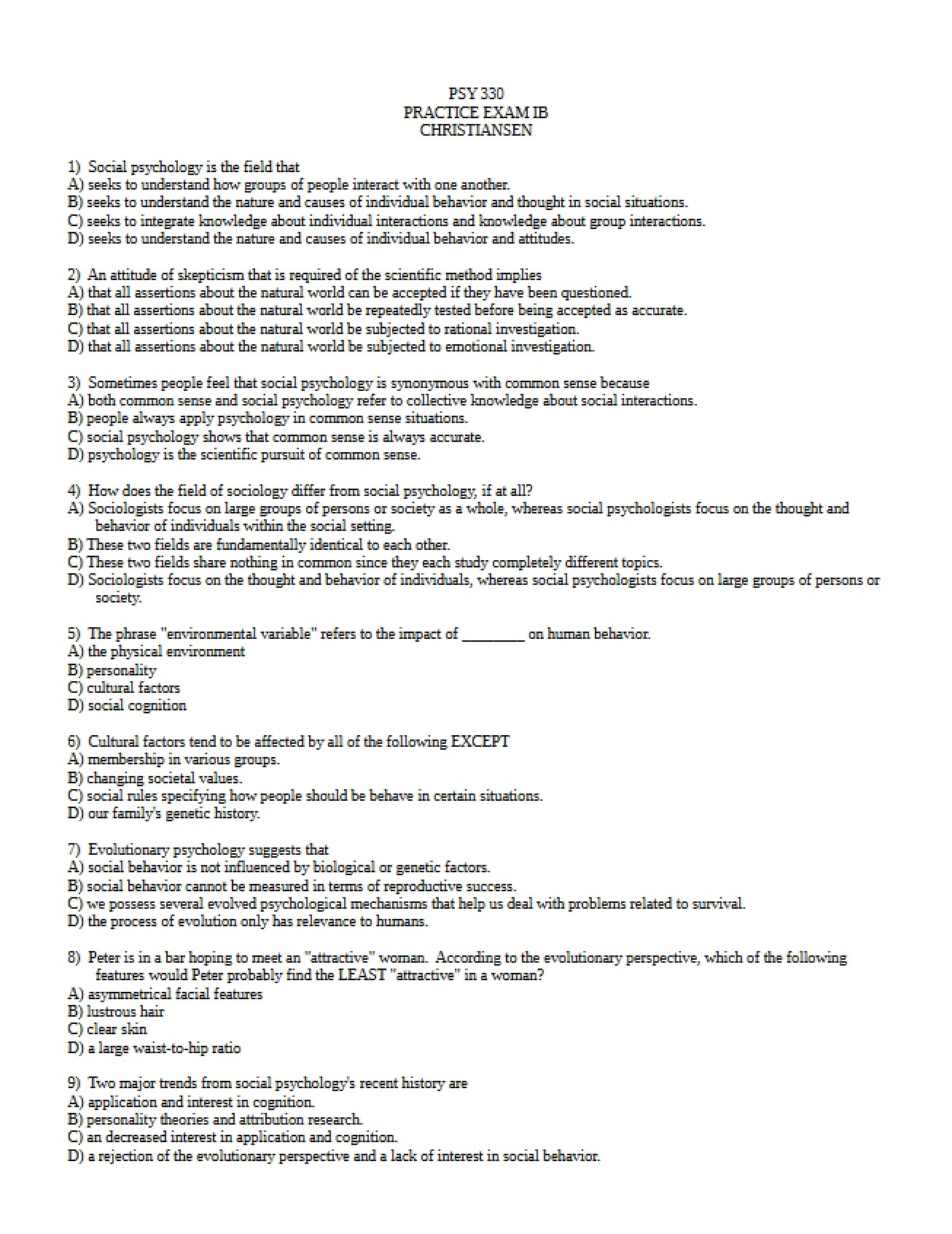 Practice Exam IB (PSY 330)