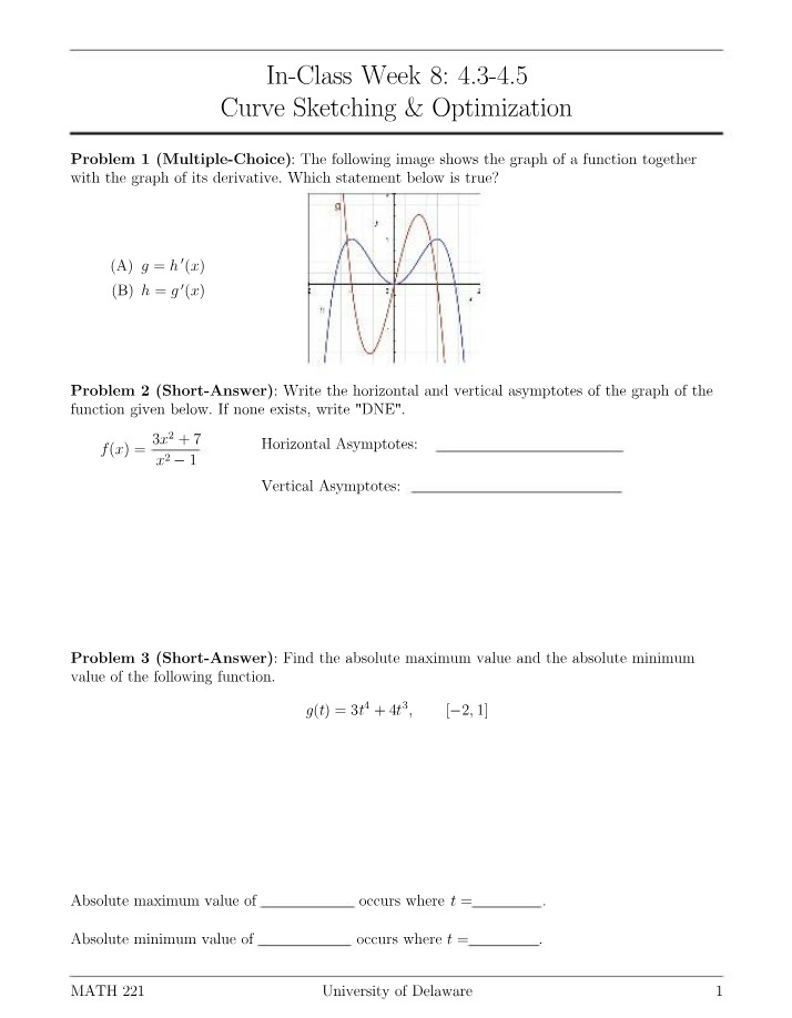 Week 8 In-Class - Curve Sketching & Optimization
