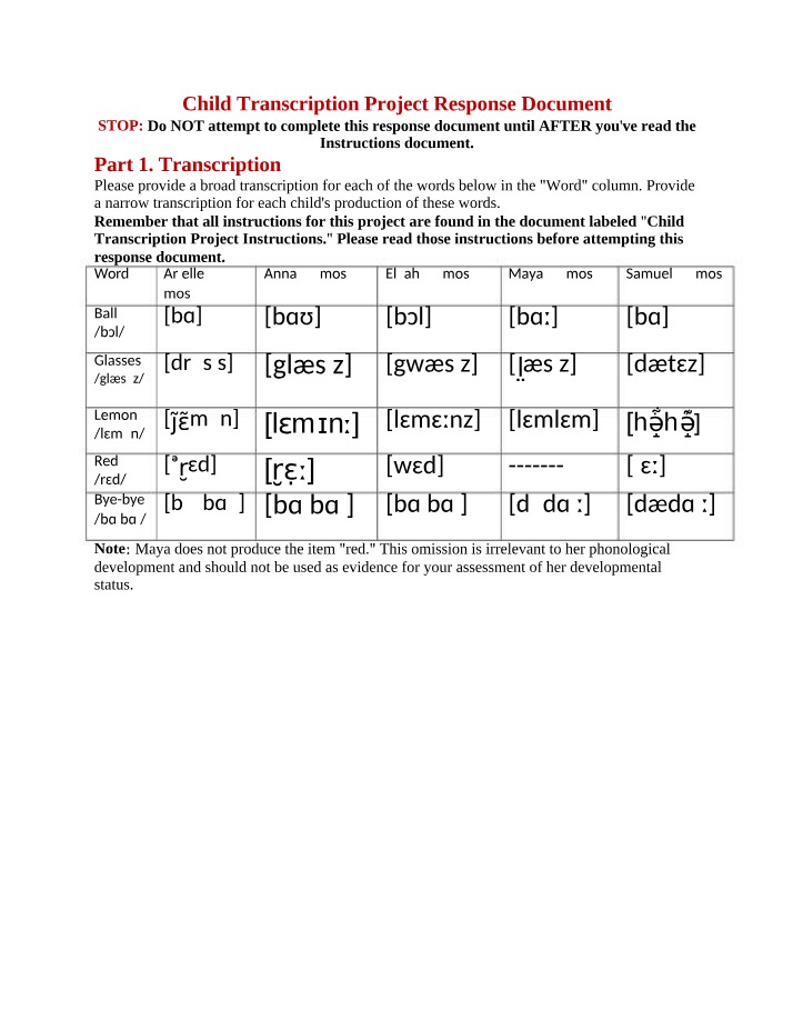 Response Document - Child Transcription Project