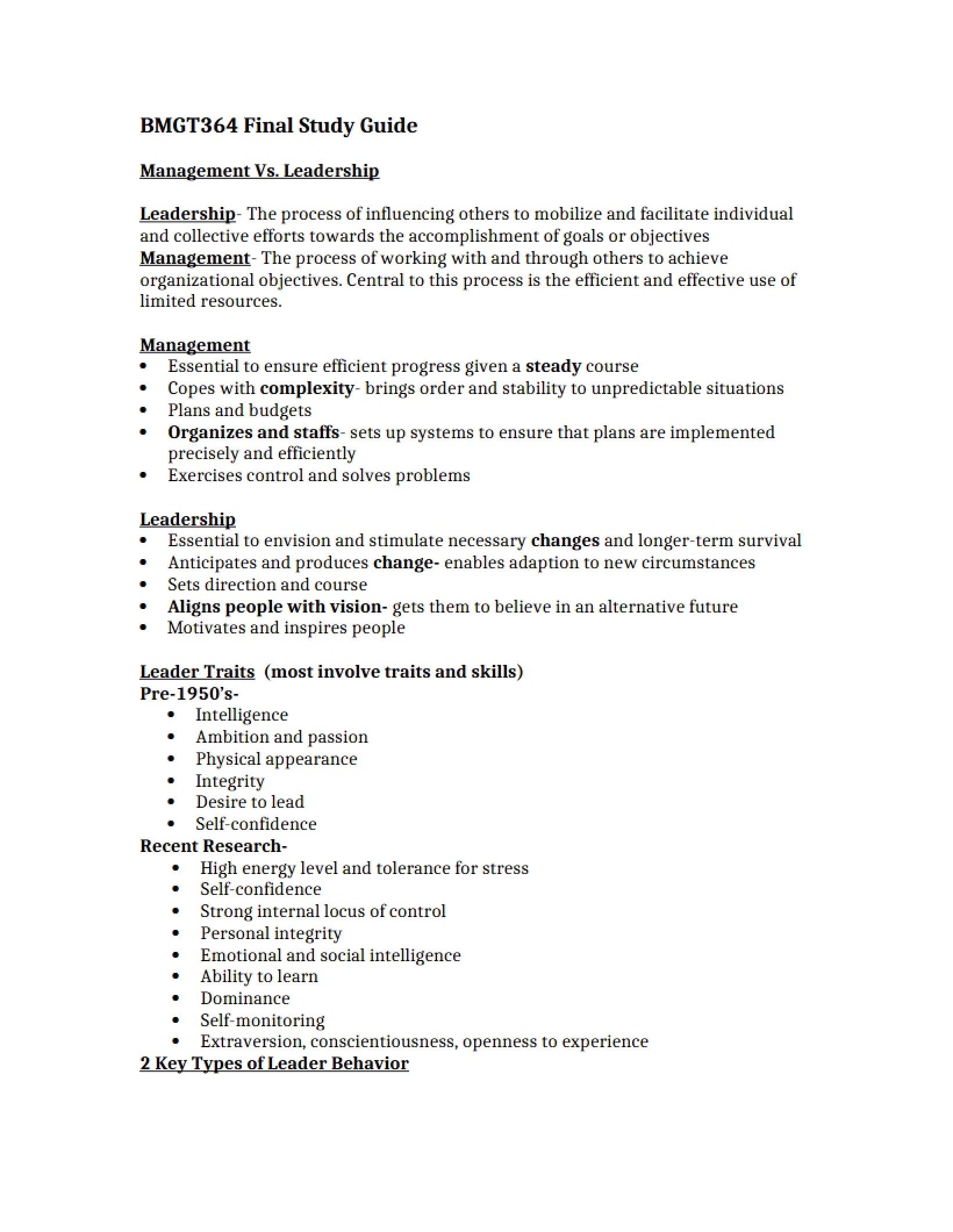 Study Guide for Final