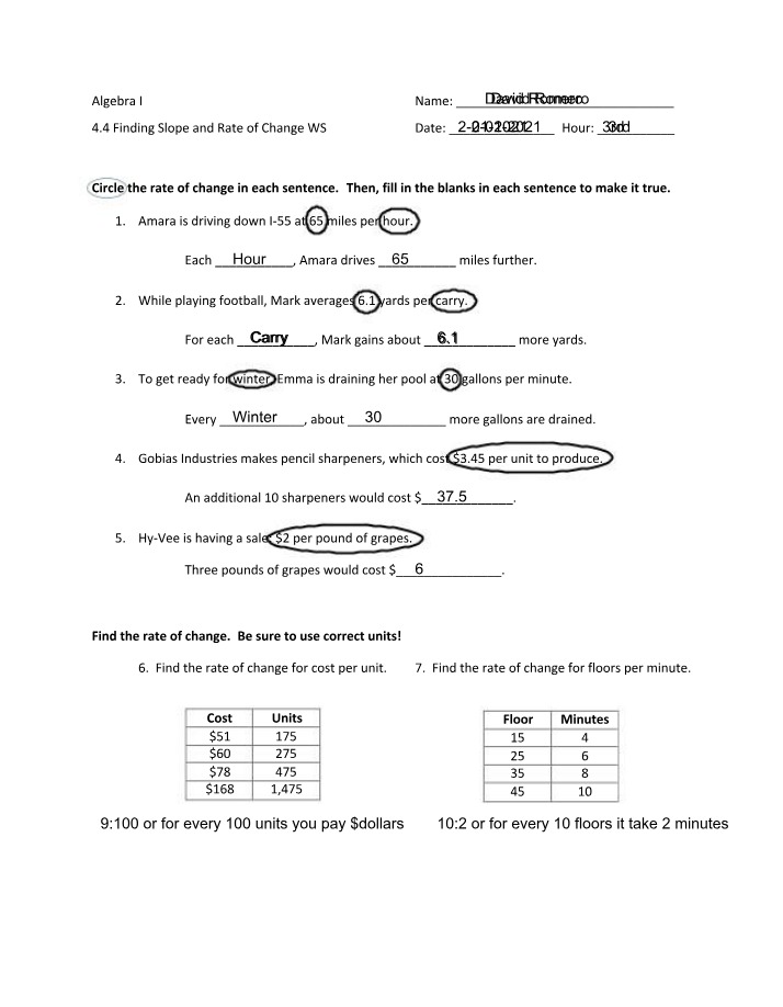 Worksheet - Finding Slope and Rate of Change