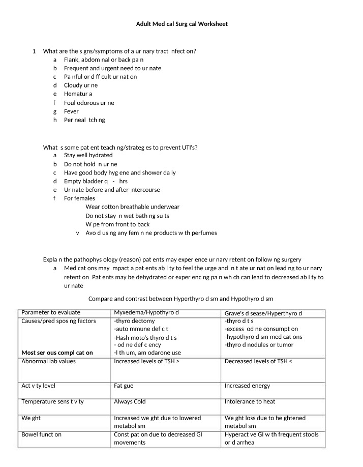 Medical Surgical Worksheet for Adults