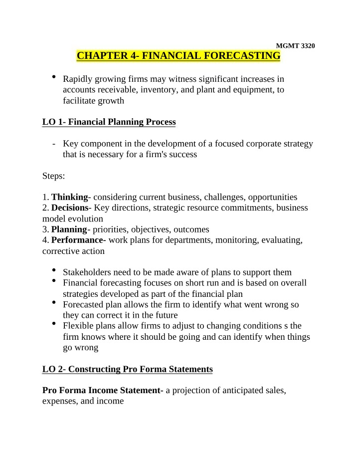 MGMT 3320 Financial Forecasting and Planning