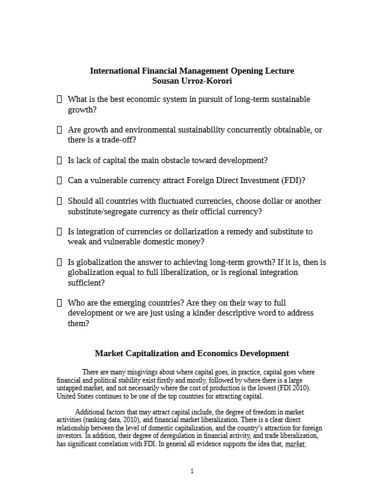 International Financial Management Opening Lecture
