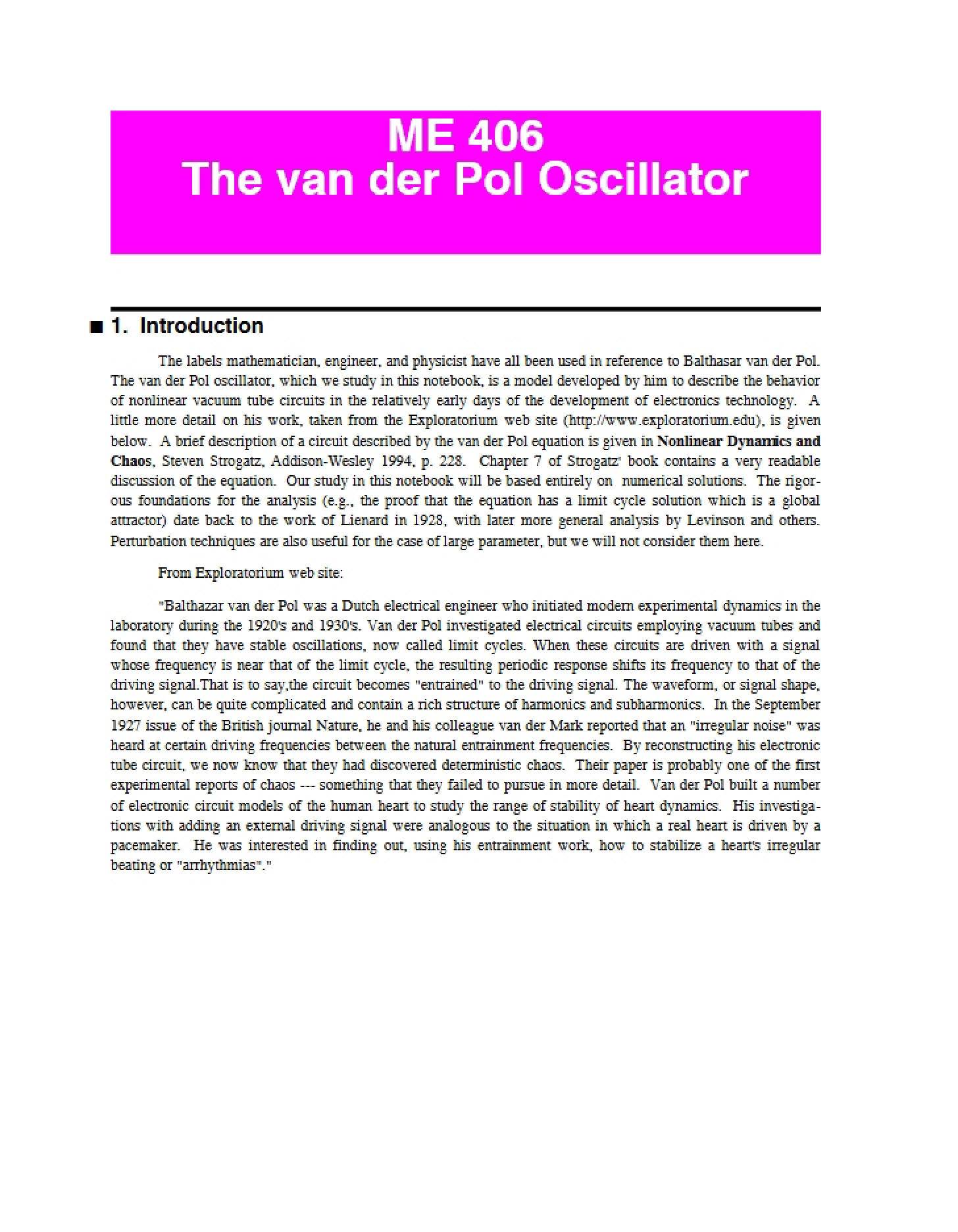 Van der Pol Oscillator Notes