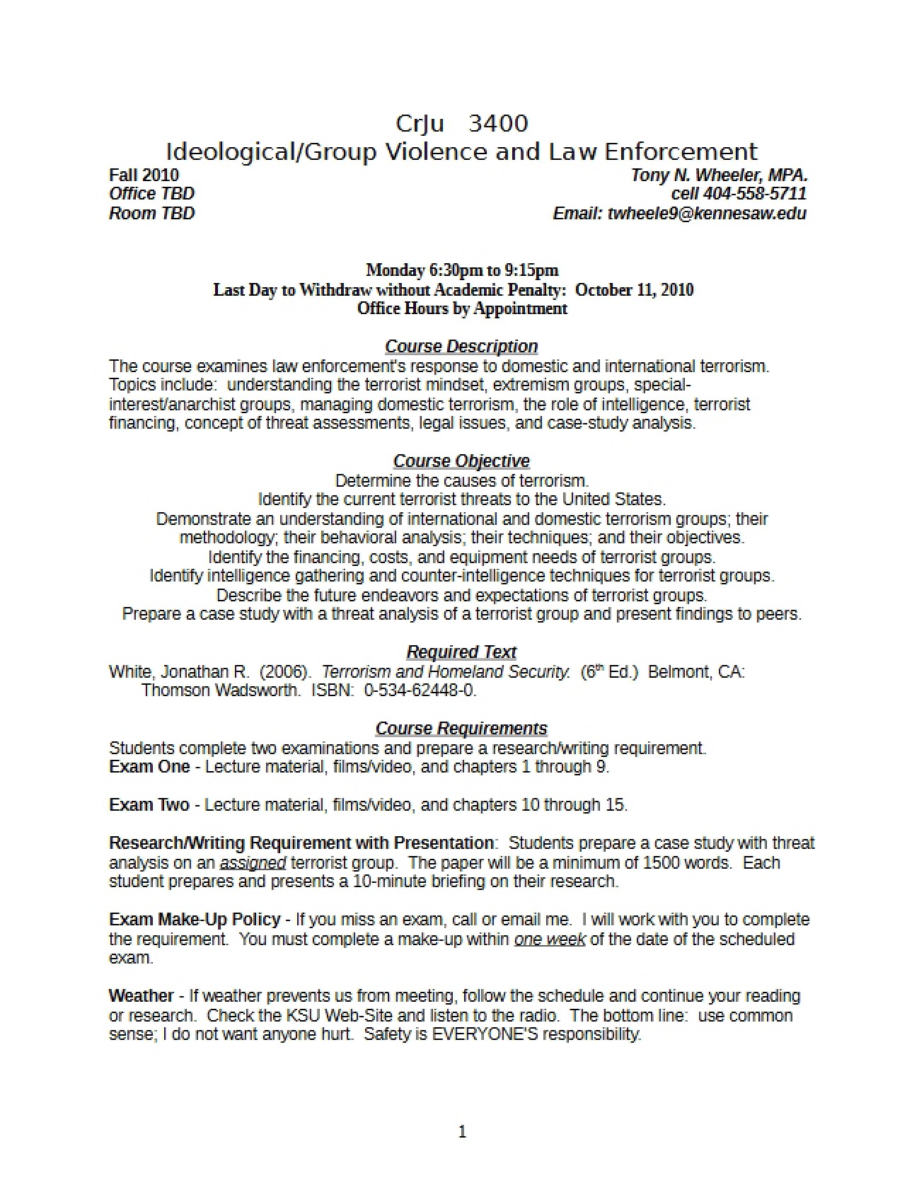 General Syllabus for a Course on Ideological and Group Violence and the Law