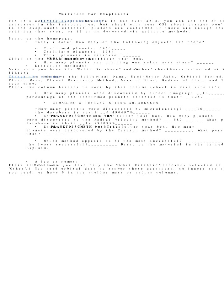 Worksheet on Exoplanets