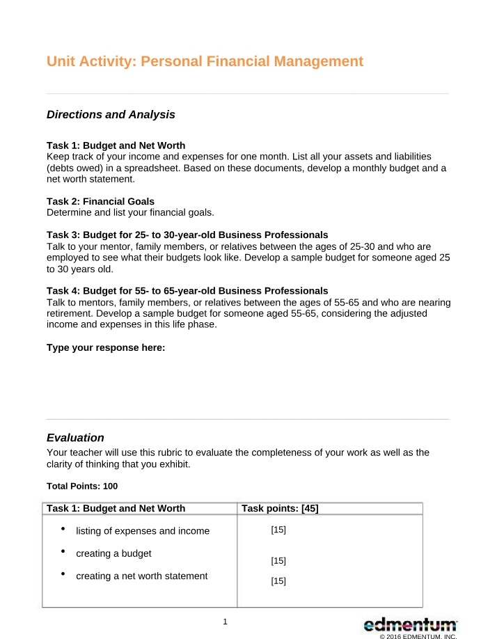 Personal Financial Management Unit Activity