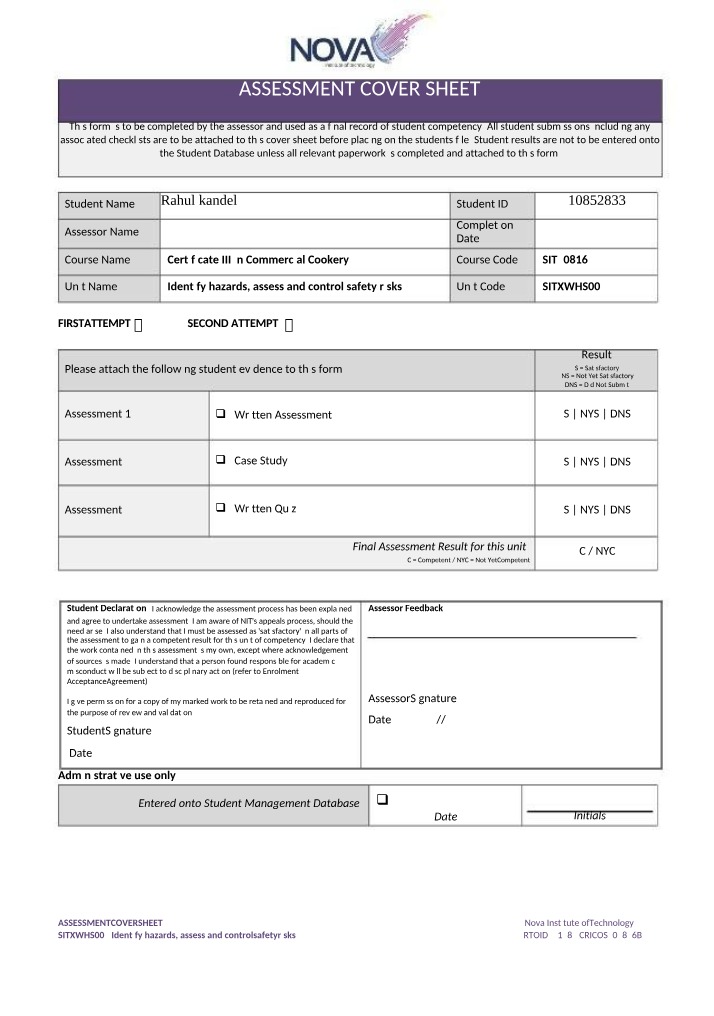 Hazard Identification and Risk Control Assessment for SITXWHS002