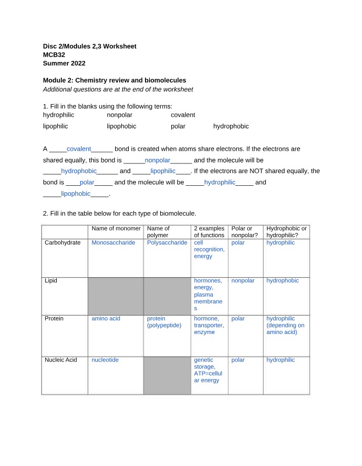 Worksheet on Biomolecules and Chemistry Review