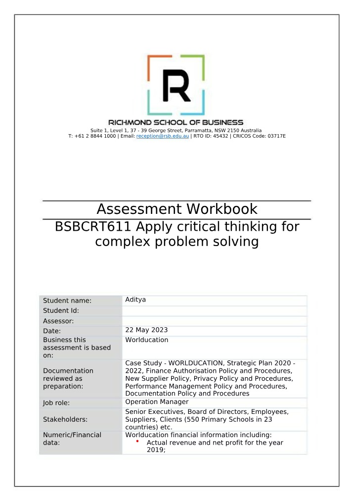 Workbook for Assessment