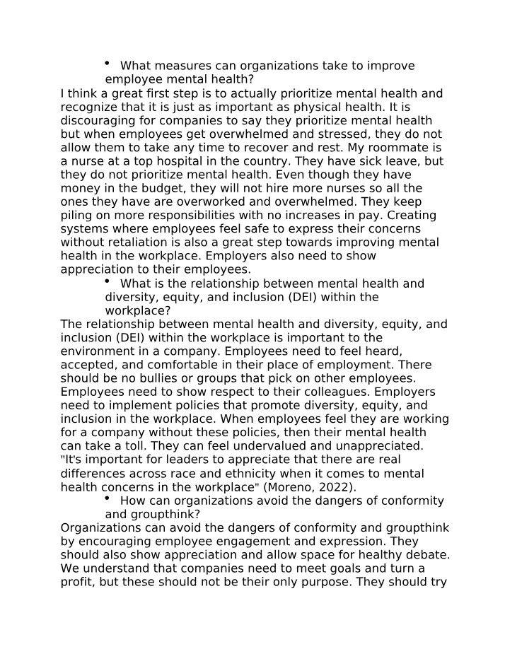 Employee Mental Health and Workplace Wellbeing Notes