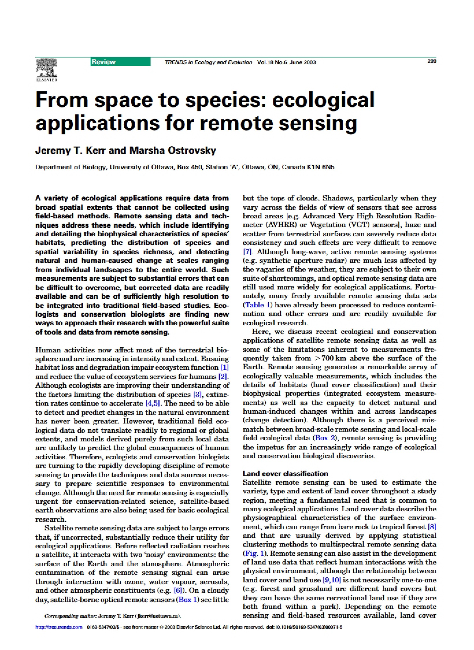 Ecological Remote Sensing Applications From Space to Species