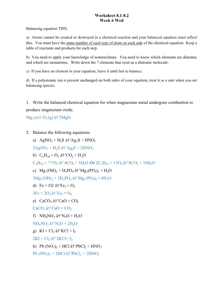 Worksheet on Balancing Chemical Equations