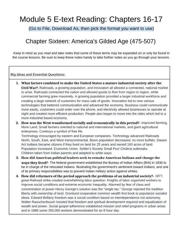 Notes on America's Gilded Age - Industrialization and Westward Expansion
