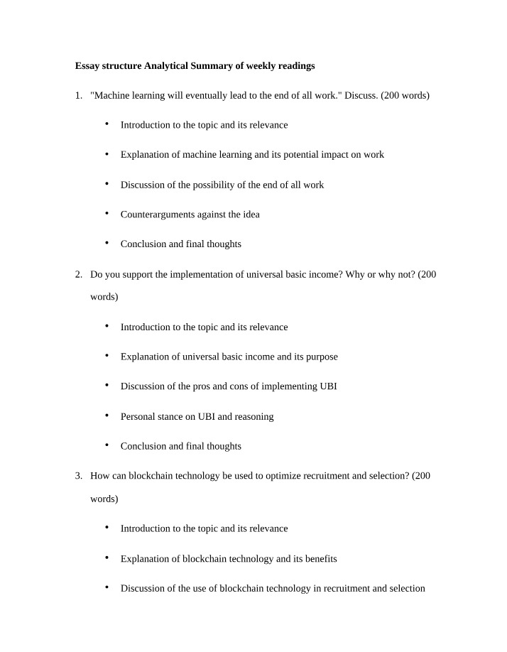 Essay Structure for Analytical Summary of Weekly Readings