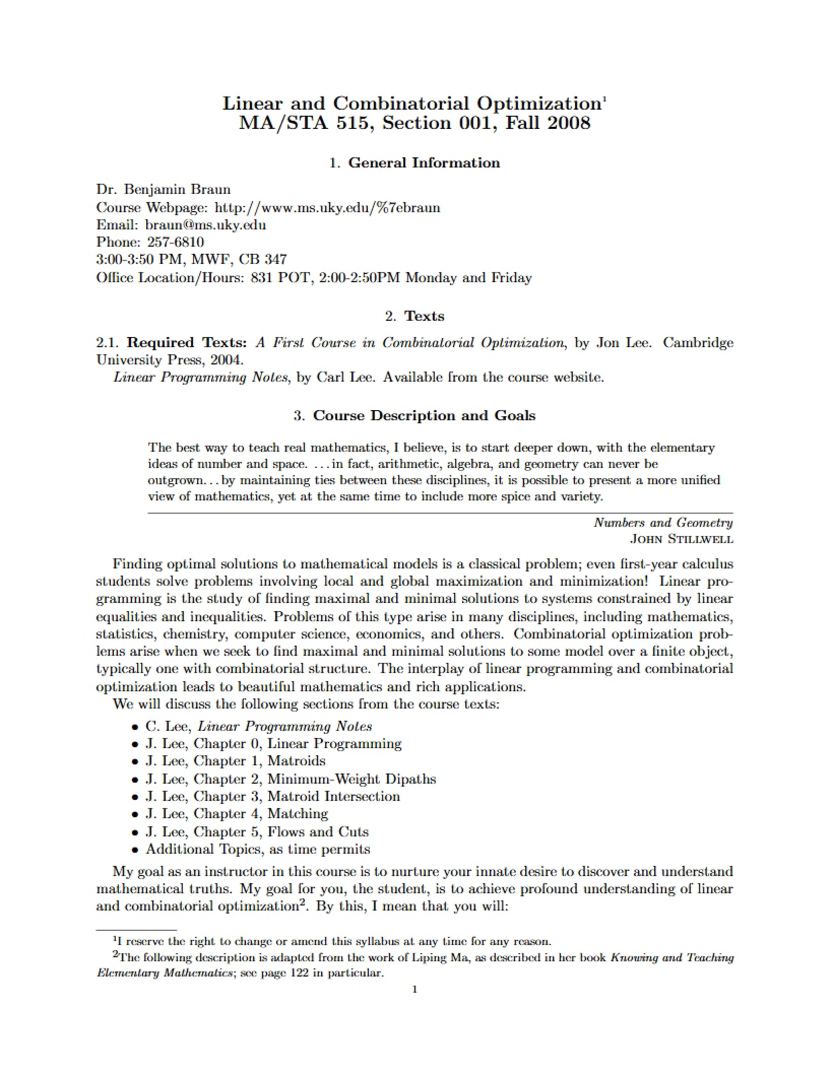 Syllabus Combinatorial and Linear Optimization