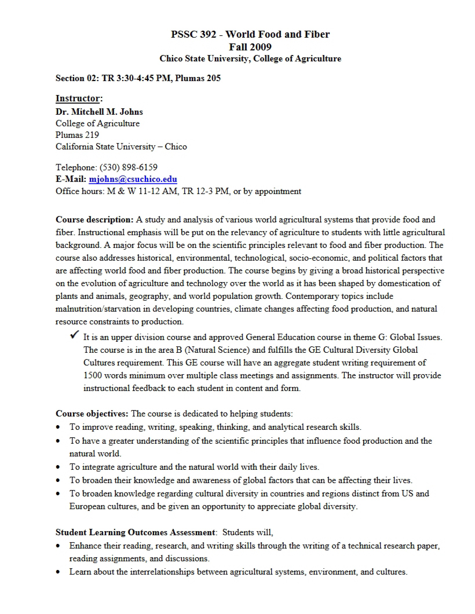 Global Food and Fiber Systems Syllabus