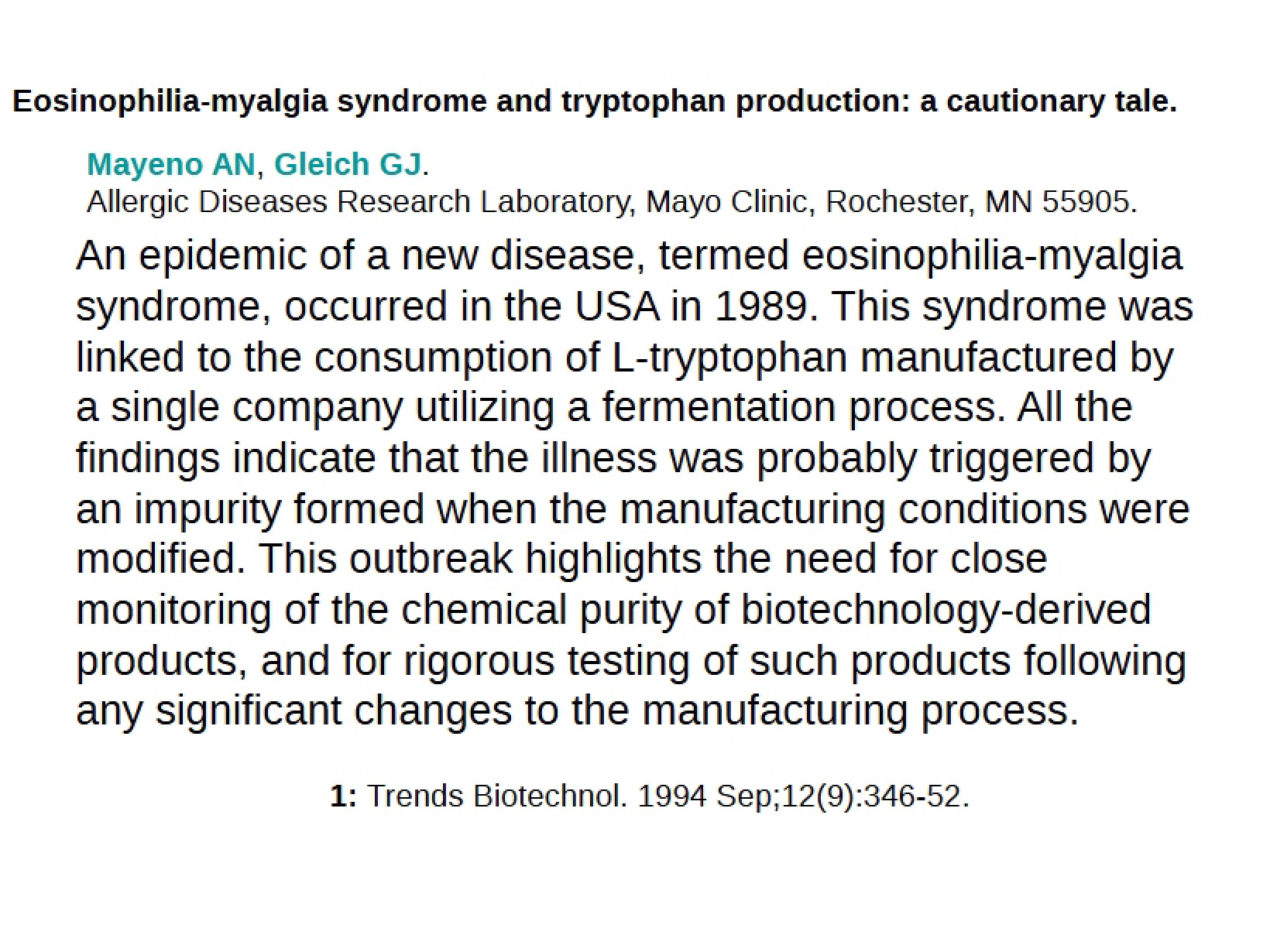 Tryptophan Production and Eosinophilia-Myalgia Syndrome