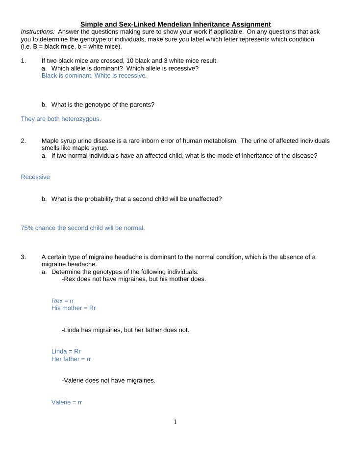 Assignment - Simple and Sex-Linked Mendelian Inheritance