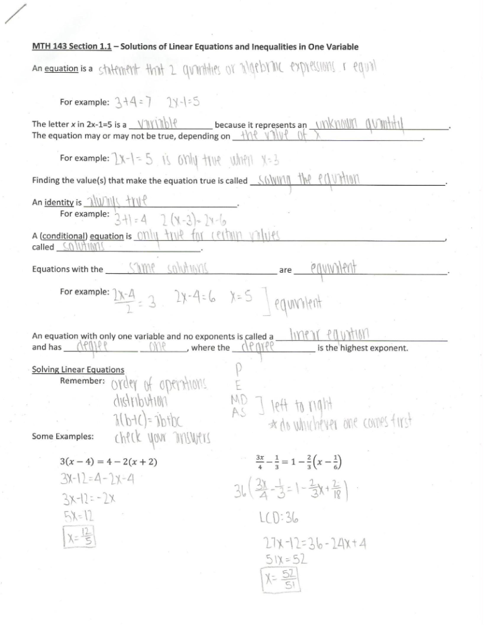 Linear Equation Solutions