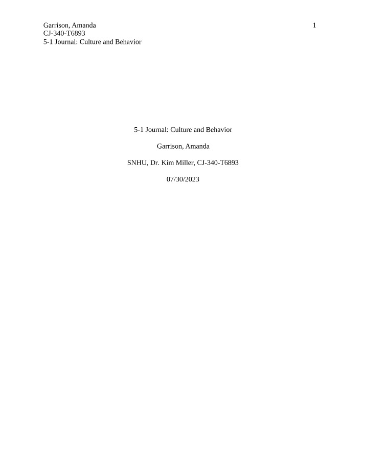 Culture and Behavior - 5-1 Journal
