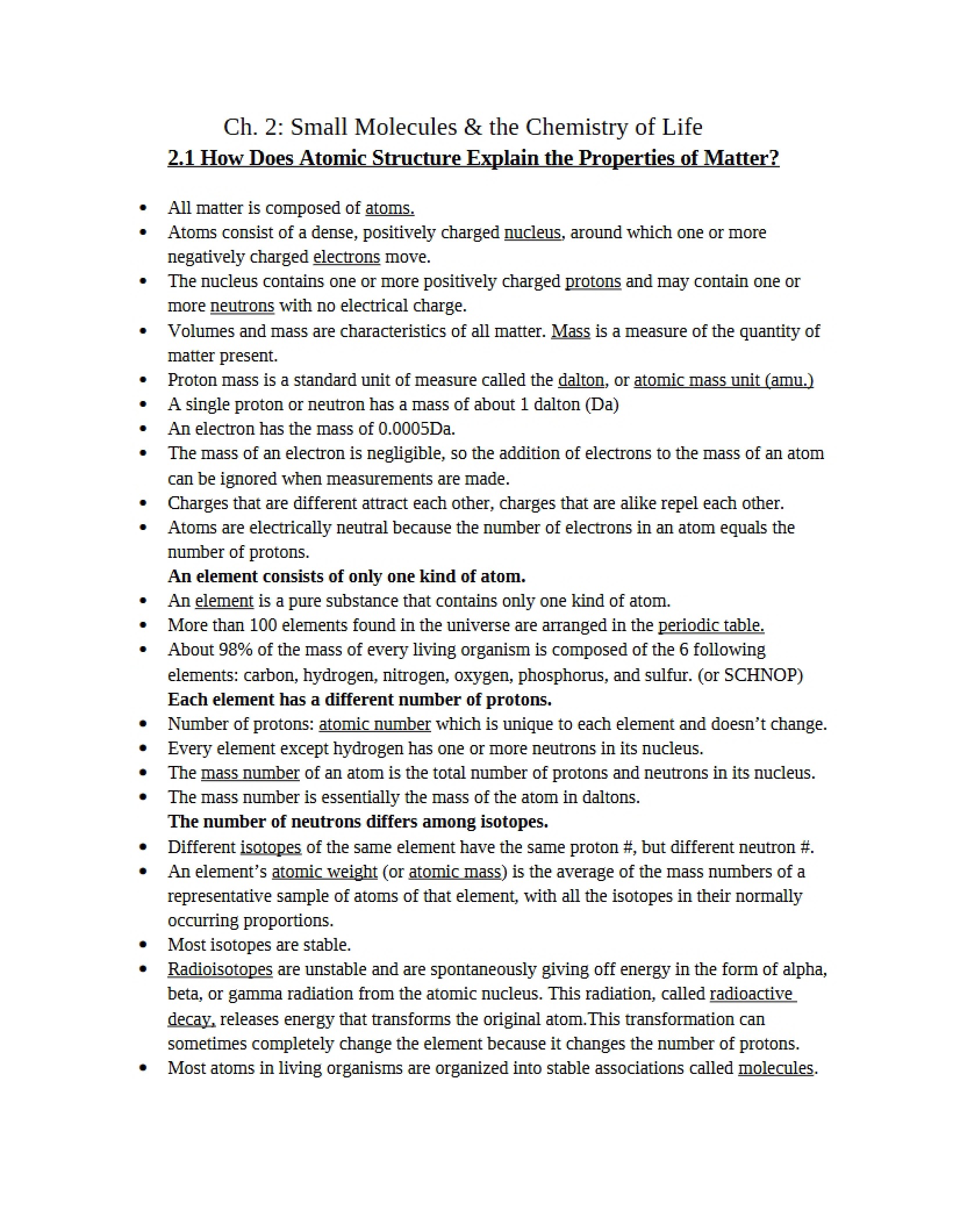 Chemistry of Life and Small Molecules - Chapter Two