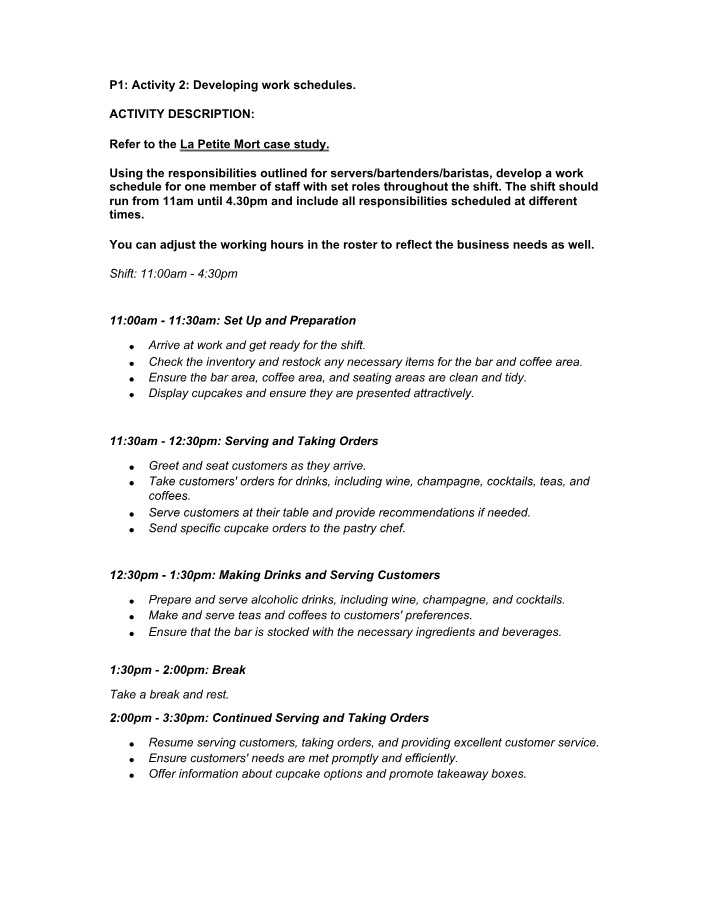 Work Schedule Development - P1 Activity 2