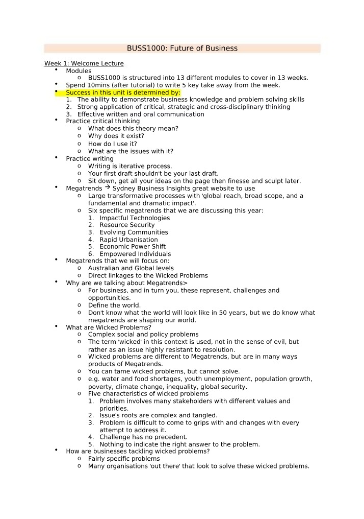 Lecture Notes for BUSS1000