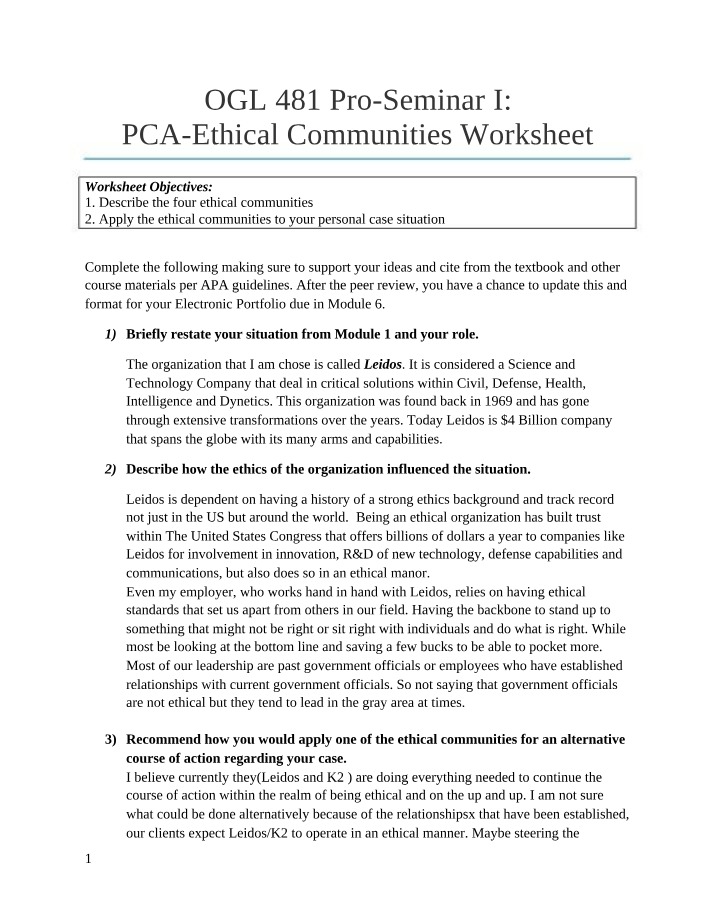 Worksheet - PCA Ethical Communities